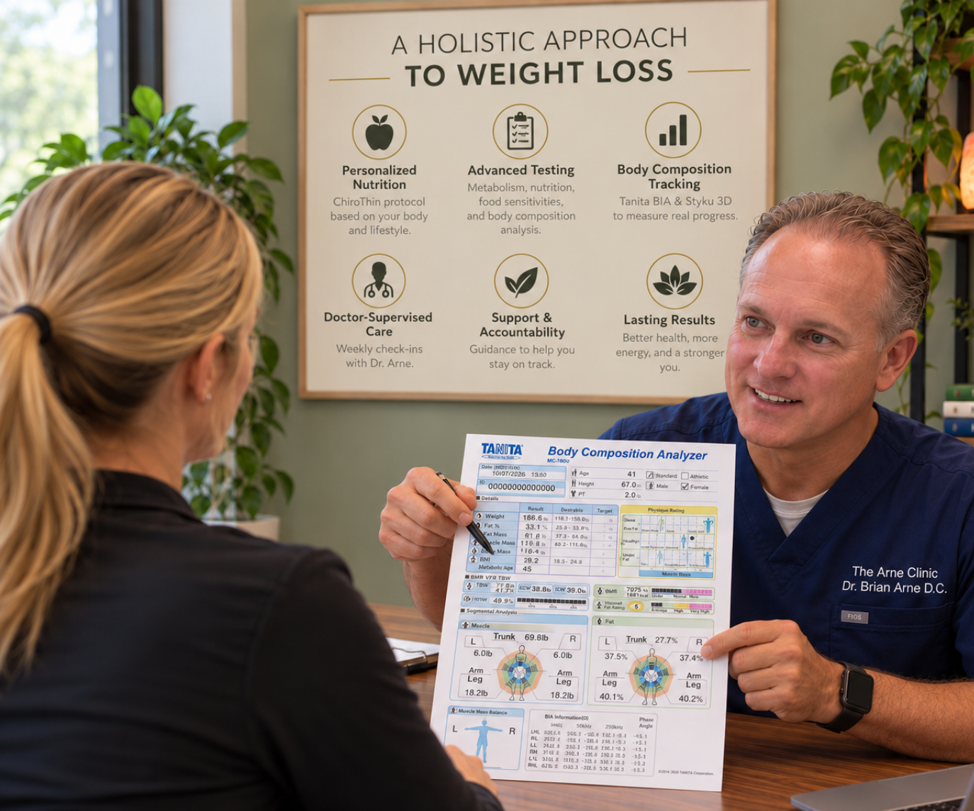 Dr. Arne discussing body composition results during a weight loss consultation